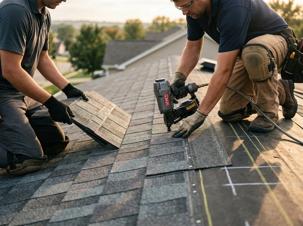 Professional roofer working on a residential roof in Clute